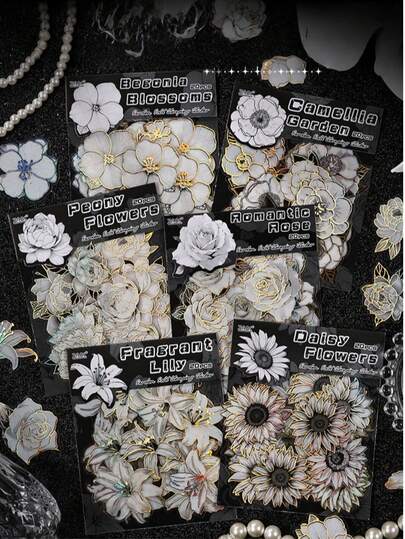 สติกเกอร์ตกแต่งลายดอกไม้ปั๊มนูนและฟอยล์สำหรับทำสมุดภาพ, ทำบันทึก, งานฝีมือ, ธีมพฤกษศาสตร์วินเทจ, เหมาะสำหรับนักวางแผน, ไดอารี่, การ์ด, ของขวัญ, อัลบั้ม, ศิลปะและงานฝีมือ