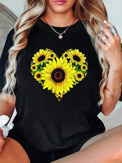 100% Cotton Beautiful Sunflower Lover Gardener Hippie Heart Sunflower T-Shirt Women's Men's Graphic Tee Crew Neck Classic Fashion Summer Vacation Tops