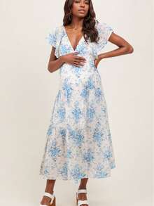 Maternity A-Line Maxi Floral Dress, Ruffle Hem, Short Sleeve Deep V-Neck, Bohemian Style - Light Wash - View 2