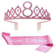 Set de 2 piezas: Corona de estrás con número 6, 7, 8, 9 o 10, cinta de peonía, flor de rosa, correa de hombro, cinturón de tela, accesorios de moda para el cabello. Regalo de fiesta de cumpleaños para niñas, color rosa - Oro rosa - Ver 4