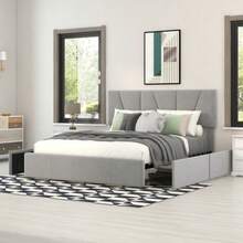 Upholstered Double Platform Bed With Four Drawers On Each Side, Adjustable Headboard - Grey - View 8