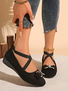 Bowknot Solid Color Cute & Elegant Fabric Applique Crossover Women's Wedge Shoes, Suitable For Home, Outdoor, Festivals, All Seasons - Black - View 2