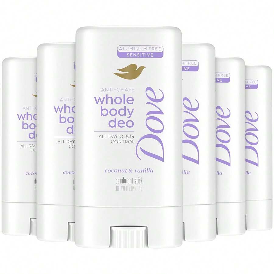 Dove Whole Body Deodorant, Aluminum-Free, Coconut & Vanilla, Travel-Size 6-Pack – Dermatologist-Approved Anti-Chafing Stick For Sensitive Skin, 72H Odor Protection, 0.5 Oz Ea, New Year Travel Essentials, Holiday Freshness Kit - 椰子香草 - 查看 1