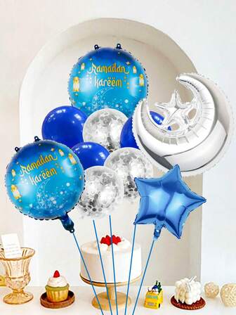 14pcs Eid Celebration Balloon Set - Assorted Moon, Star And Foil Balloons, Suitable For Ramadan Celebration Events, Universal Party Decorations, Ramadan Themed Decor, Ramadan Kareem, Eid Mubarak, Eid Party, Foil And Latex Balloon Combo