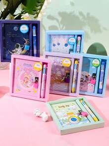 Cartoon Character Lockable Notebook Set, Cute Girl Series, Lock And Key, Stationery Organizer Box, School Supplies, Diary/Journal, Pen Holder