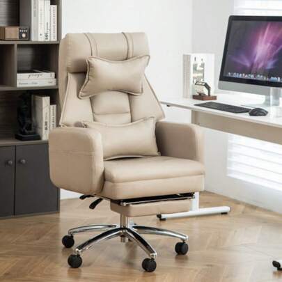 Ergonomic Swivel Office Chair, Faux Leather Office Chair With High Back, Lumbar Support And Headrest, Comfortable Office Chair, 155° Reclining Computer Chair BEIGE