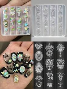 2pcs Nail Art Mold Set, Vintage Baroque Floral Embossed Frame Design, 3D Raised Nail Decoration Silicone Molds - Clear - View 4