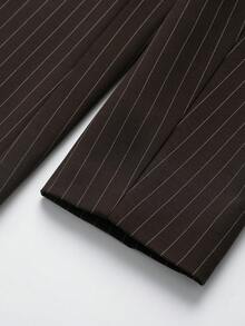 بليزر كاجوال فضفاض مخطط بني مزدوج الصدر بياقة صدر طويلة الأكمام للنساء - بني - مشاهدة 5