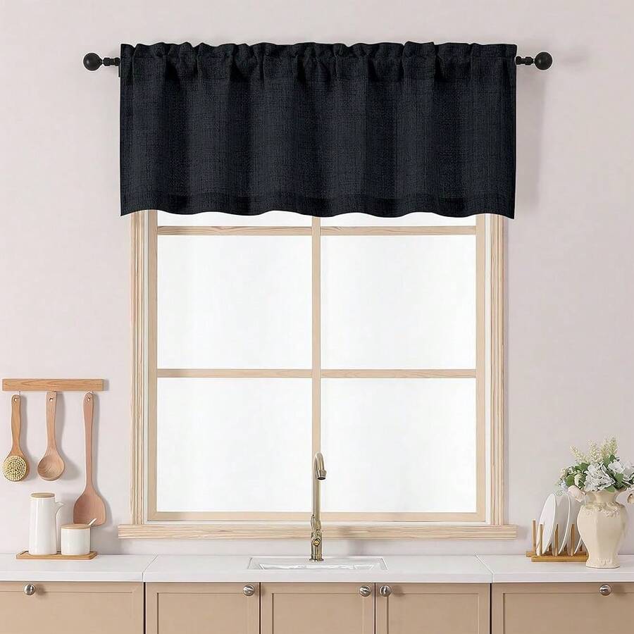 Chyhomenyc Black Valance For Windows, Light Filtering Textured Small Kitchen Valance, Rod Pocket Top Window Short Curtain For Bathroom Basement Farmhouse, 60Wx20L Inch, 1 Panel,60inchWx20inchL(Packof1),Black - 黑色的 - 查看 1