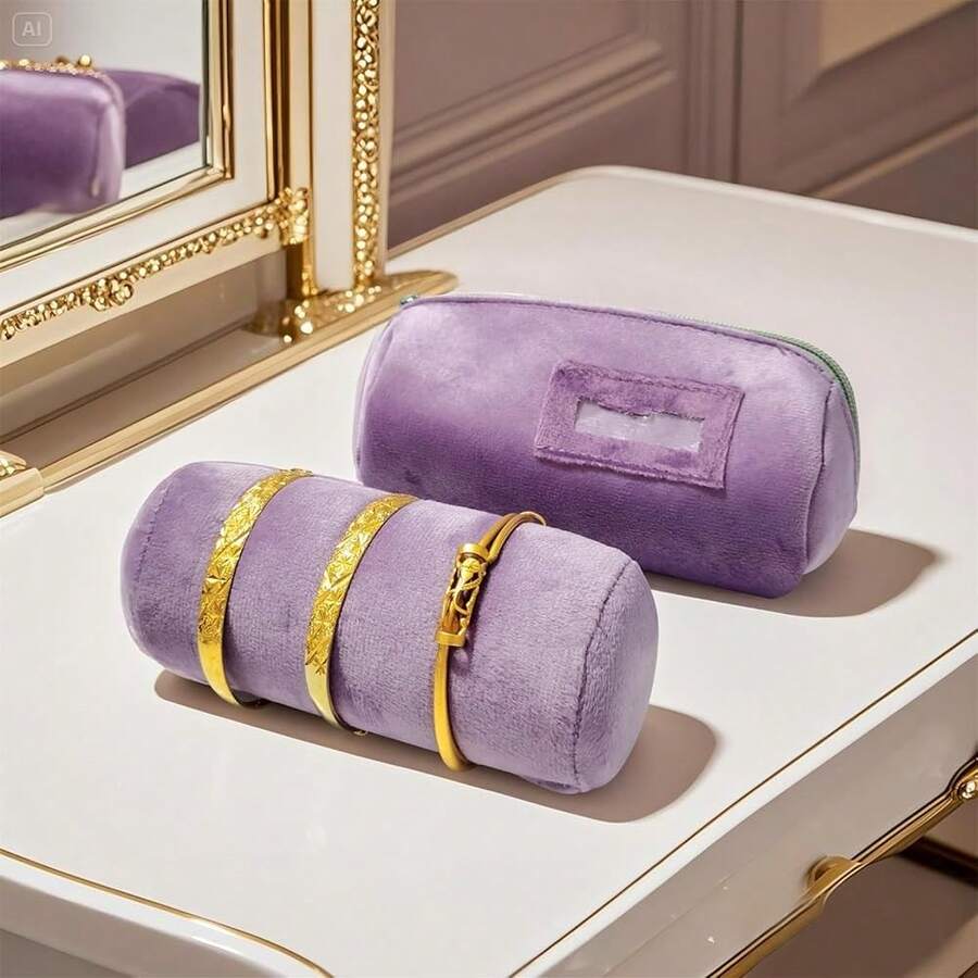 Velvet Bangle & Bracelet Organizers And Storage Small Jewelry Travel Organizer Roll, Compact Jewelry Case For Bangles, Bracelets, Watches(Light Purple),LightPurple - LightPurple - 查看 1