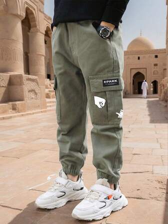 1pc Tween Boy Casual Outdoor Pocket Cartoon Print Cargo Pants, Spring/Summer/Autumn