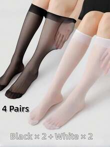 4pairs/Set Black & White & Semi-Transparent Nylon Socks For Daily Wear, Cozy - Black and White - View 7