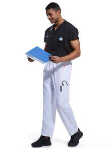 cimmuovere Pantalones cargo de corte slim para hombres, con cierre de cremallera, 5 bolsillos, cintura elástica, tejido elástico, fácil cuidado, uniforme para hombres/uniforme médico - Blanco - Ver 7