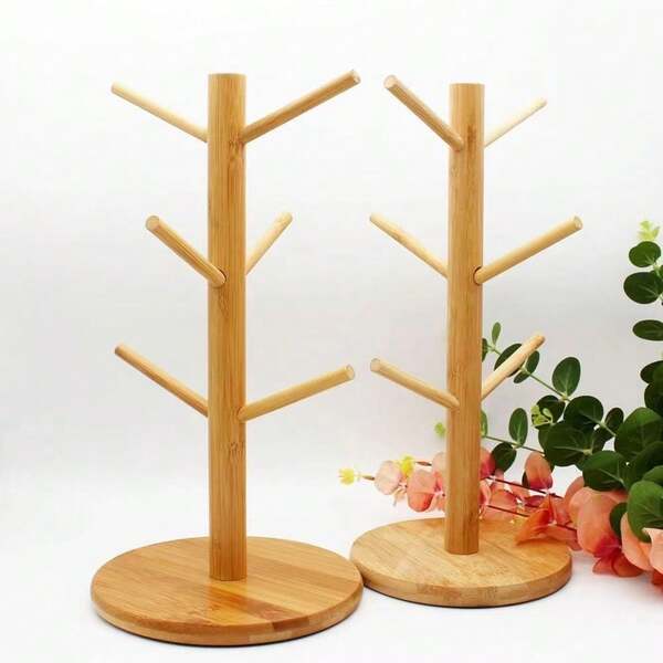 1 stuk bamboe thee-rek boom - koffiekopjes en theekopjes organizer met 6 haken, voor gebruik op het aanrecht - stijlvolle accessoire voor koffiebar, aan de muur te bevestigen bekerhouder, opbergruimte voor glazen bekers, organizer, sieraden displayrek voor in de hal, badkamerplank