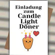 1 张创意烛光晚餐邀请卡，印有德语短语“烛光晚餐”和一个微笑的土豆卡通形象 - 非常适合浪漫约会之夜、美食主题派对，并附有德语短语示例。尺寸：12x17厘米/4.72x6.7英寸。 - 彩色 - 查看 1