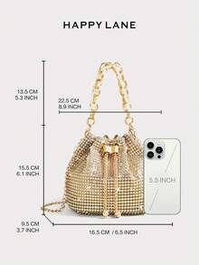 2025 Shiny Sequin & Rhinestone Mini Chain Drawstring Evening Bag, Luxury Sparkling Clutch, Rhinestone & Pearl Handbag, Elegant Chain Shoulder Bag, Suitable For Wedding Bride, Gala, Party, Ideal For Party Girls - Gold - View 3
