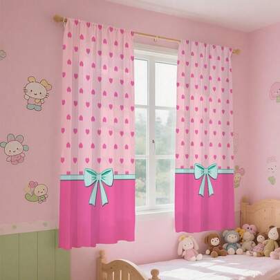 2片装精致爱心印花窗帘，薄纱杆袋式窗帘，情人节窗帘装饰，少女风家居装饰