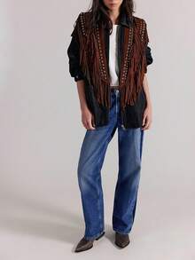 Women Tassel Vest Y2K Sleeveless Fringe Wide Eyes Suede Collar Shawl Open Front Boho Western Jacket Cardigan - 棕色 - 查看 2