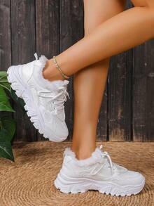 圆头系带拼接纯色保暖内衬时尚百搭都市户外度假校园风格运动鞋，女士款 - 白色 - 查看 1