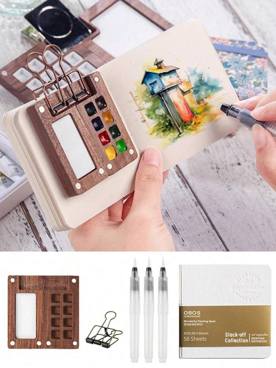 Conjunto de mini paletas de viagem com 6 peças (tintas não incluídas), kit de aquarela portátil, caixa de tinta com 8 compartimentos, caderno de desenho, prancheta e pincéis para artistas e estudantes, materiais de pintura para a volta às aulas, presentes de Halloween e Natal para amigos. - Multicolorido - Ver 1