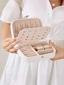 1个旅行首饰盒，小型PU皮革首饰收纳盒，适合女性和女孩，便携式双层迷你首饰盒，可收纳耳环、戒指、项链，带可拆卸隔板，多功能首饰整理盒 - 彩色 - 查看 3