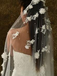 1 件手工花卉串珠大教堂新娘面纱，适用于婚礼、摄影道具、短注册处面纱，带发梳 - 米色 - 查看 6