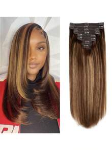 4/27 8-Piece Straight Hair Clips Hair Extensions Human Hair Clip-In Hair Extensions Invisible Scarless Clip-In Human Hair Extensions Brown With Golden Highlights Hair Clips Hair Extensions Remy Human Hair Weft Hair Extensions For Women - S4/27 - View 16
