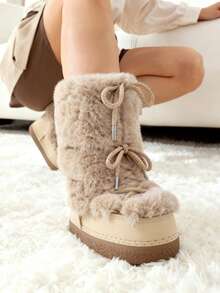 Women's Faux Fur Boots  Fuzzy Fluffy Furry Snow Boots Round Toe With Lace-Up Design Cute Warm Suitable For Christmas Halloween And Winter - 杏色 - 查看 7