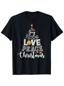 Men's Crew Neck T-Shirt, Vintage Christmas T-Shirt, Happy World LOVE PEA Holiday Design With Candy Cane And Holly Berry Print - Soft Cotton Blend Short Sleeve T-Shirt, Suitable For Christmas Parties, Casual Wear And Everyday Use (White, Gray) - Comfortable Fit (XL), Suitable For Outdoor Sports, Daily Use, Great Christmas Gift - 黑色 - 查看 1