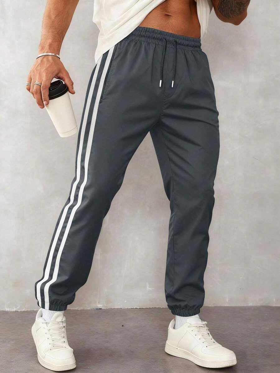 1 件男士休闲运动服套装，春夏宽松慢跑裤，适合跑步、户外徒步、日常通勤、夏季条纹七分裤