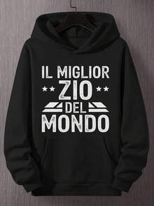 Sudadera con capucha de frase italiana para hombres con IL MIGLIOR ZIO DEL MONDO impreso - Color de bandera italiana verde/blanco, sudadera holgada con bolsillo canguro y diseño de eslogan italiano, adecuada para ropa casual de otoño e invierno - Negro - Ver 1