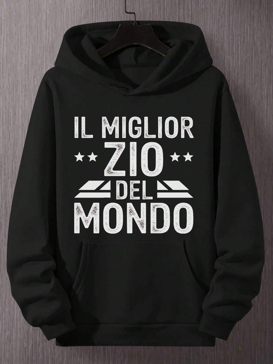 Sudadera con capucha de frase italiana para hombres con IL MIGLIOR ZIO DEL MONDO impreso - Color de bandera italiana verde/blanco, sudadera holgada con bolsillo canguro y diseño de eslogan italiano, adecuada para ropa casual de otoño e invierno - Negro - Ver 1