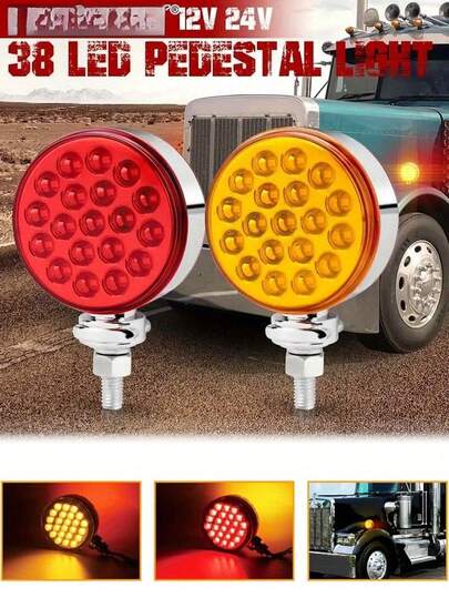 Round Double Face Pedestal Light 38LED Amber Red Brake Turn Marker Tail Lights With Stud Mount For Mack Kenworth Freightliner Truck Trailer Towing