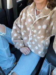 Womens Fall Winter Fleece Jacket Dot Pattern Long Sleeve Lapel Button Down Sherpa Coat - Khaki - View 3