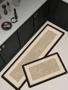 1 pieza Alfombra de cocina de franela color caqui simple, lavable a máquina, antideslizante, con bordes negros, hecha de gel de sílice, absorbente y fácil de limpiar, adecuada para cocina, comedor, baño, lavandería y entrada - Verde Oscuro - Ver 7