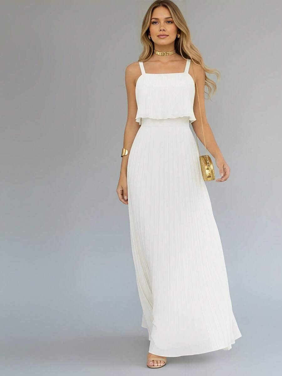 Women's Chic Comfortable Pleated Long Dress With Thin Straps - 白色 - 查看 1