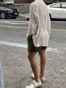 Men's Casual Loose Fit Long Sleeve Solid Color Button-Up Linen Shirt - Light Grey - View 3