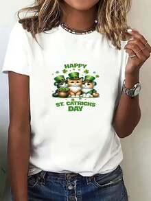 Women's St. Patrick's Day Cat Print T-Shirt - Happy St. Catricks Day Design With Shamrocks, Loose Fit Round Neck Casual Tee For Spring & Summer, Comfortable & Breathable, Perfect For Casual Attire Or Holiday Celebrations, Holiday Celebration Top| Playful Graphic Tee| Knit Construction, Cat Tshirt - 黑色 - 查看 6