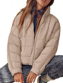 Womens Fashion Short Oversized Puffer Jacket Lightweight Water Resistant Packable Winter Coat - 卡其色 - 查看 2