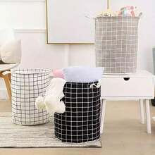 1 pieza Cesto de ropa sucia para el hogar, cesta de almacenamiento de regalo, cubo de almacenamiento de juguetes, cesta de lavandería de tela a cuadros, caja de almacenamiento plegable y resistente al agua grande para el baño, el dormitorio, la habitación - Blanco - Ver 1