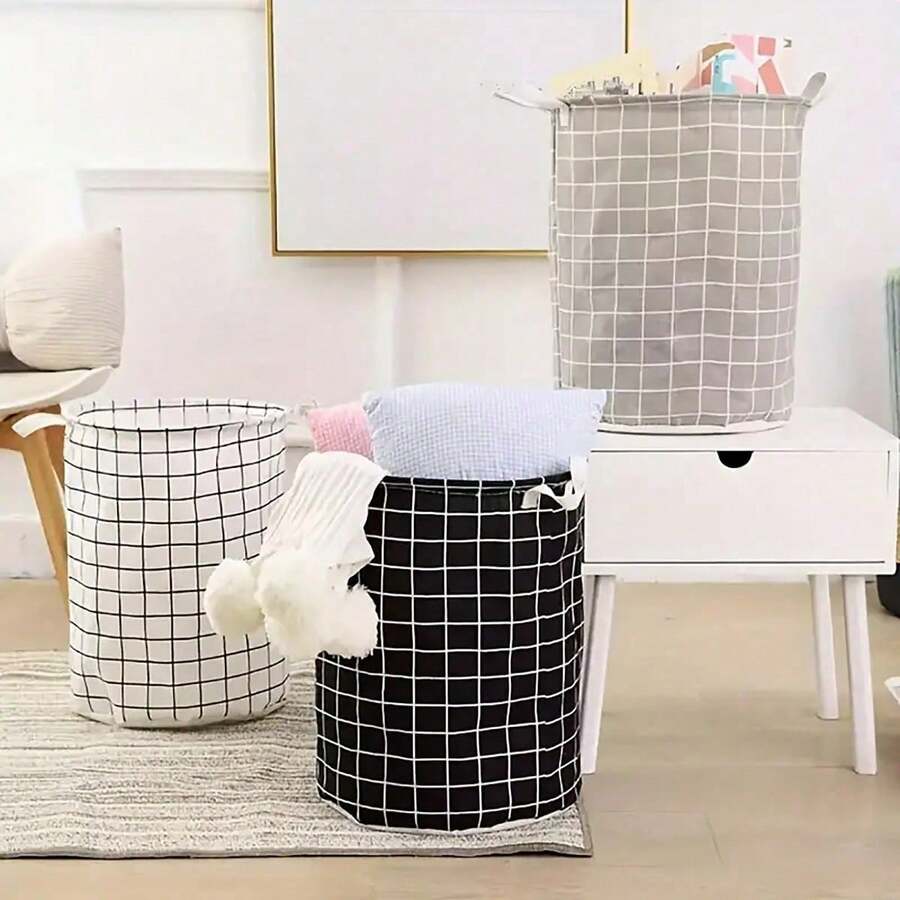 1 pieza Cesto de ropa sucia para el hogar, cesta de almacenamiento de regalo, cubo de almacenamiento de juguetes, cesta de lavandería de tela a cuadros, caja de almacenamiento plegable y resistente al agua grande para el baño, el dormitorio, la habitación - Blanco - Ver 1