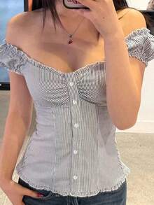 Women's Button Down Lace Top V Neck Ruffled Sexy Low Cut Babydoll Top Cute Slim Fit Casual Work Blouse - 藍色 - 查看 1