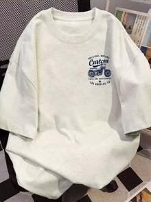 日系女式宽松圆领休闲百搭字母摩托车印花短袖T恤，春夏款 - 淺花灰 - 查看 5