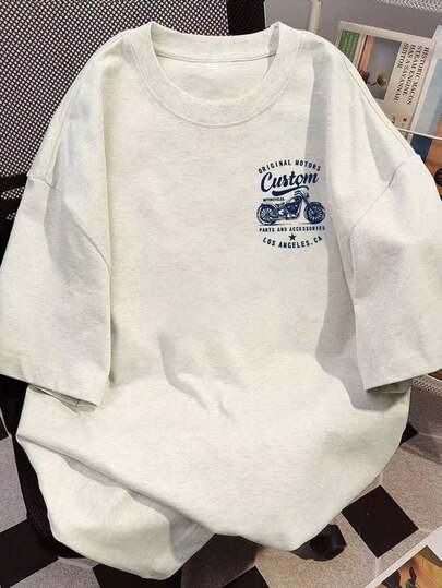 レディース ルーズクルーネック カジュアル 多用途 レター&バイクプリント 半袖Tシャツ、春夏
