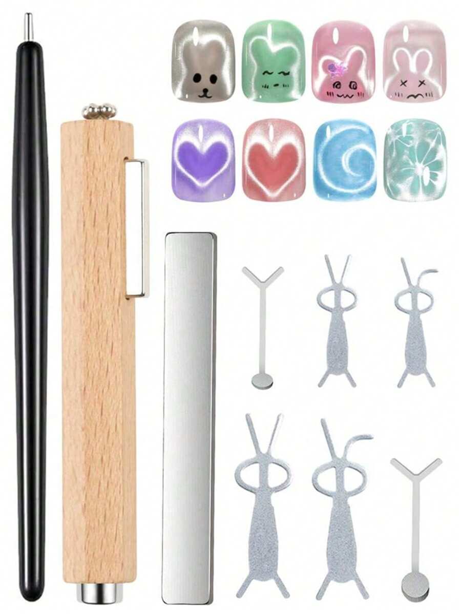 8件套猫眼磁性美甲套装 - 爱心兔三磁设计，心形凝胶指甲油磁性棒，强磁性美甲工具，适用于美甲沙龙、家庭、返校季 - 彩色 - 查看 1