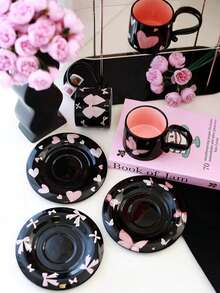 爱心黑粉色陶瓷杯碟套装，高档马克杯，办公咖啡杯，新年情人节礼物，送给妈妈的礼物 - 彩色 - 查看 4