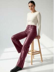 High Waist PU Leather Pants - Burgundy - View 4