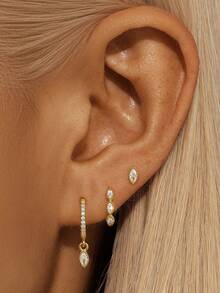 3pcs 925 Sterling Silver Classic Geometric Cubic Zirconia Stud Earrings Set, Exquisite Jewelry Suitable For Women's Daily, Party And Holiday Wear