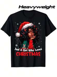 Camiseta Just A Who Loves Christmas - Hombres y Mujeres Afroamericanos, Tela Pesada 100% Pura de 180gsm, Camiseta Gráfica Retro con Diseño de Gorro de Santa y Copos de Nieve, Tallas S-XXXL, Negra con Letras Rojas - Regalo de Vacaciones para Fiestas de Navidad y Atuendo Casual - Negro - Ver 1