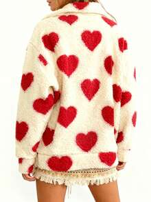 Women's Valentine's Day Heart Jacket Casual Long Sleeve Zip Up Loose Fuzzy Coat - 紅色 - 查看 2
